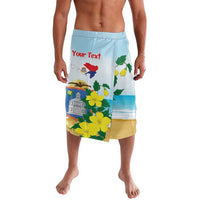 Personalized blue shorts with yellow flowers, Sint Maarten map, and 'Your Text' print