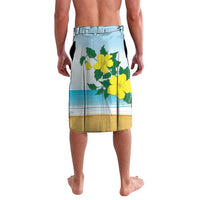 Personalized blue shorts back view with large yellow hibiscus and tropical foliage print