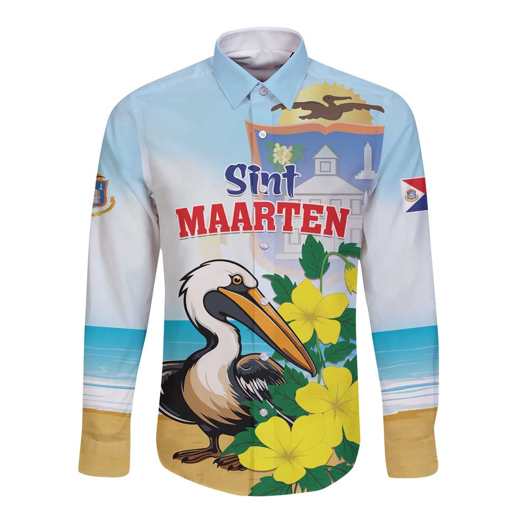 Light blue button-up shirt with pelican, yellow flowers, and 'Sint Maarten' print