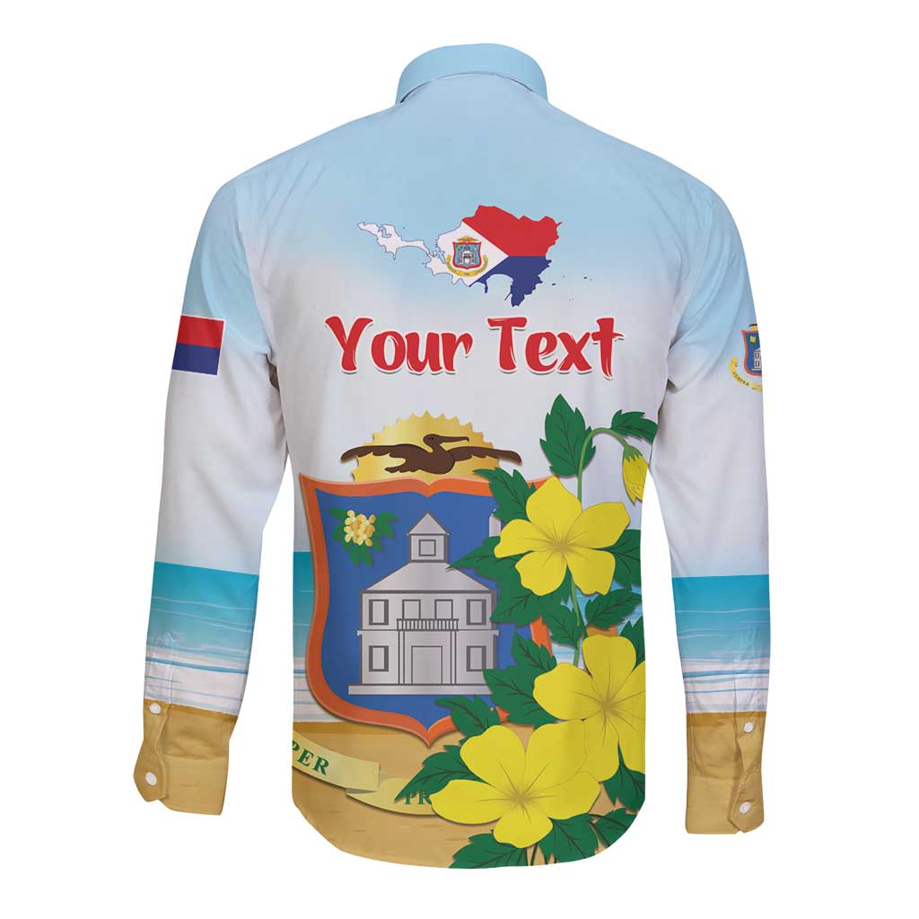 Light blue button-up shirt back with 'Your Text' and map, houses, yellow flowers graphic
