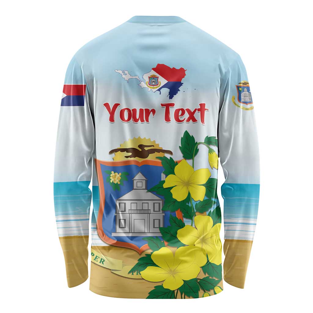 Unisex long-sleeve graphic shirt, light blue, with back print "Your Text" and flowers