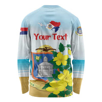 Unisex long-sleeve graphic shirt, light blue, with back print "Your Text" and flowers