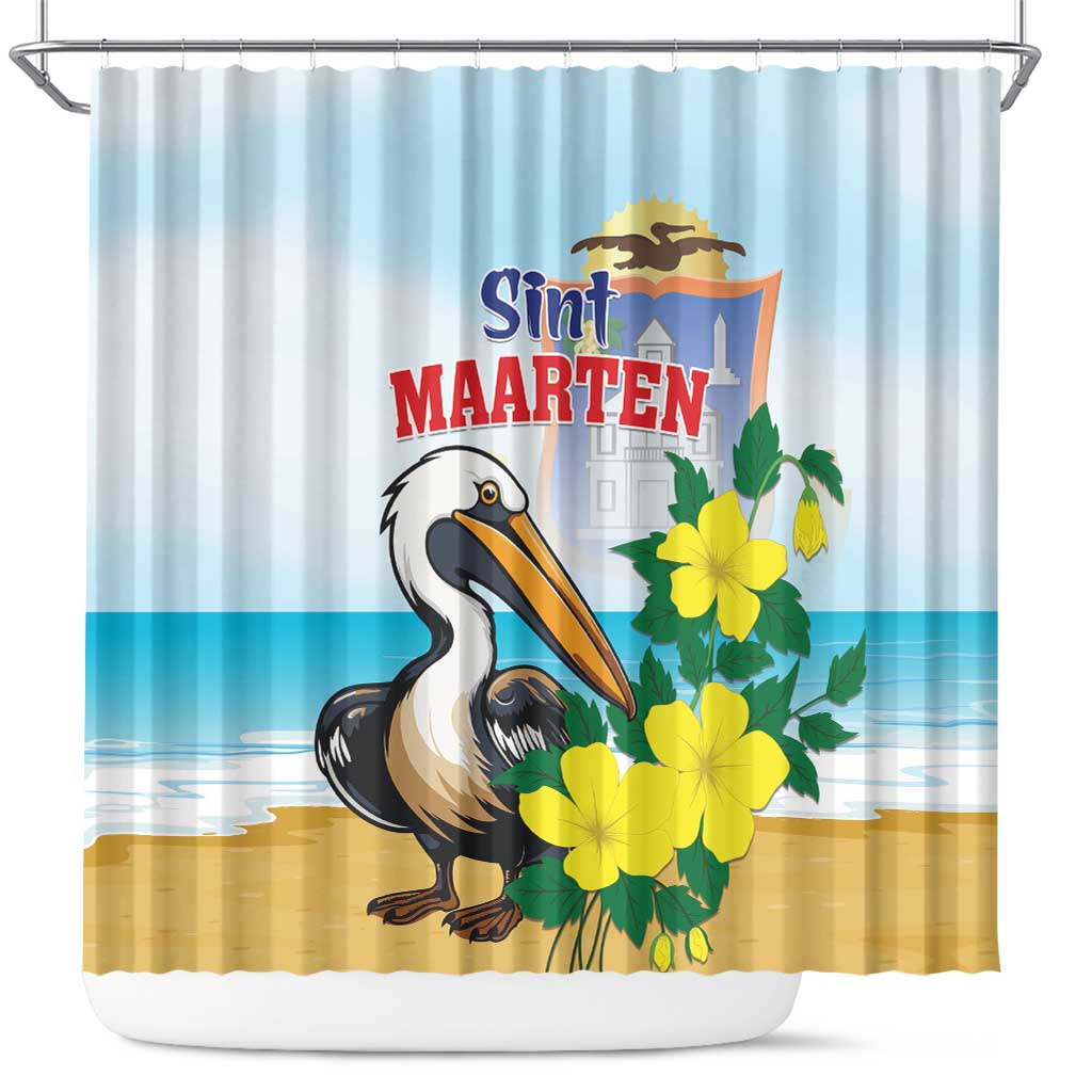Pelican and yellow flowers shower curtain, blue stripe coastal scene, grommet top