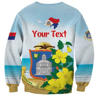 Light blue unisex sweatshirt with back graphic reading Your Text, map, and flowers