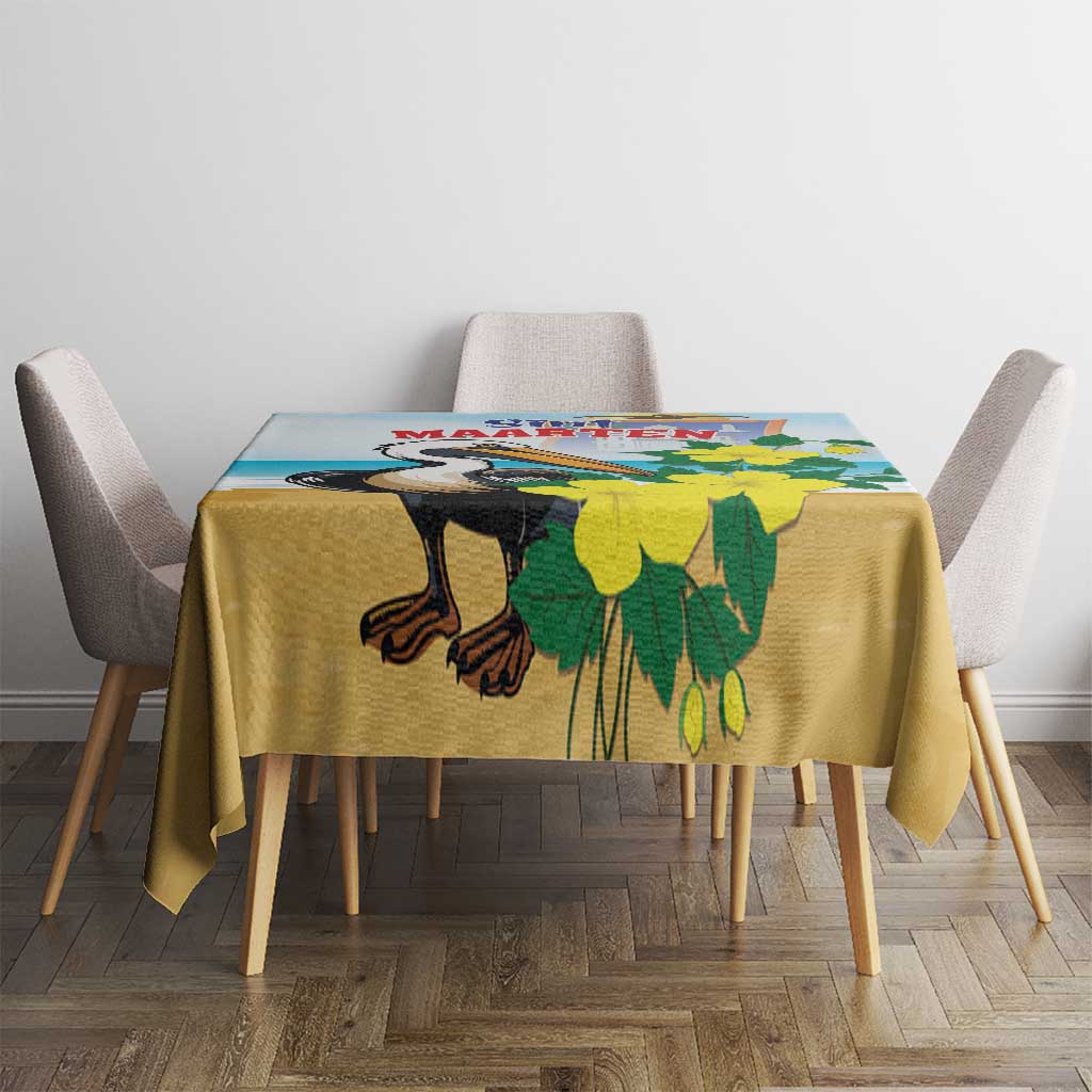 Blue tablecloth with pelican and floral print, centered on dining table.