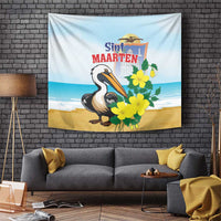 Rectangular wall tapestry with pelican artwork and yellow flowers, blue seaside background