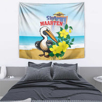Pelican and yellow-flower wall tapestry with beach strip and 'Sint Maarten' text