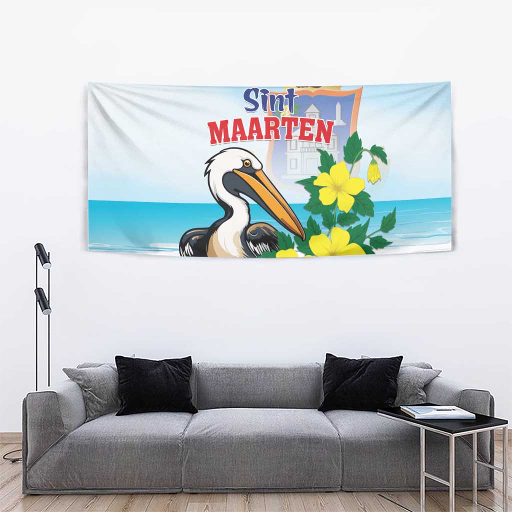 Pelican and yellow-flower wall tapestry with beach horizon and 'Sint MAARTEN' sign