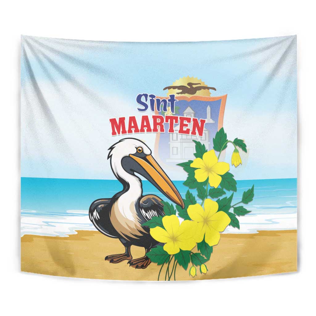 Pelican wall tapestry close-up with large yellow flowers and 'Sint MAARTEN' text