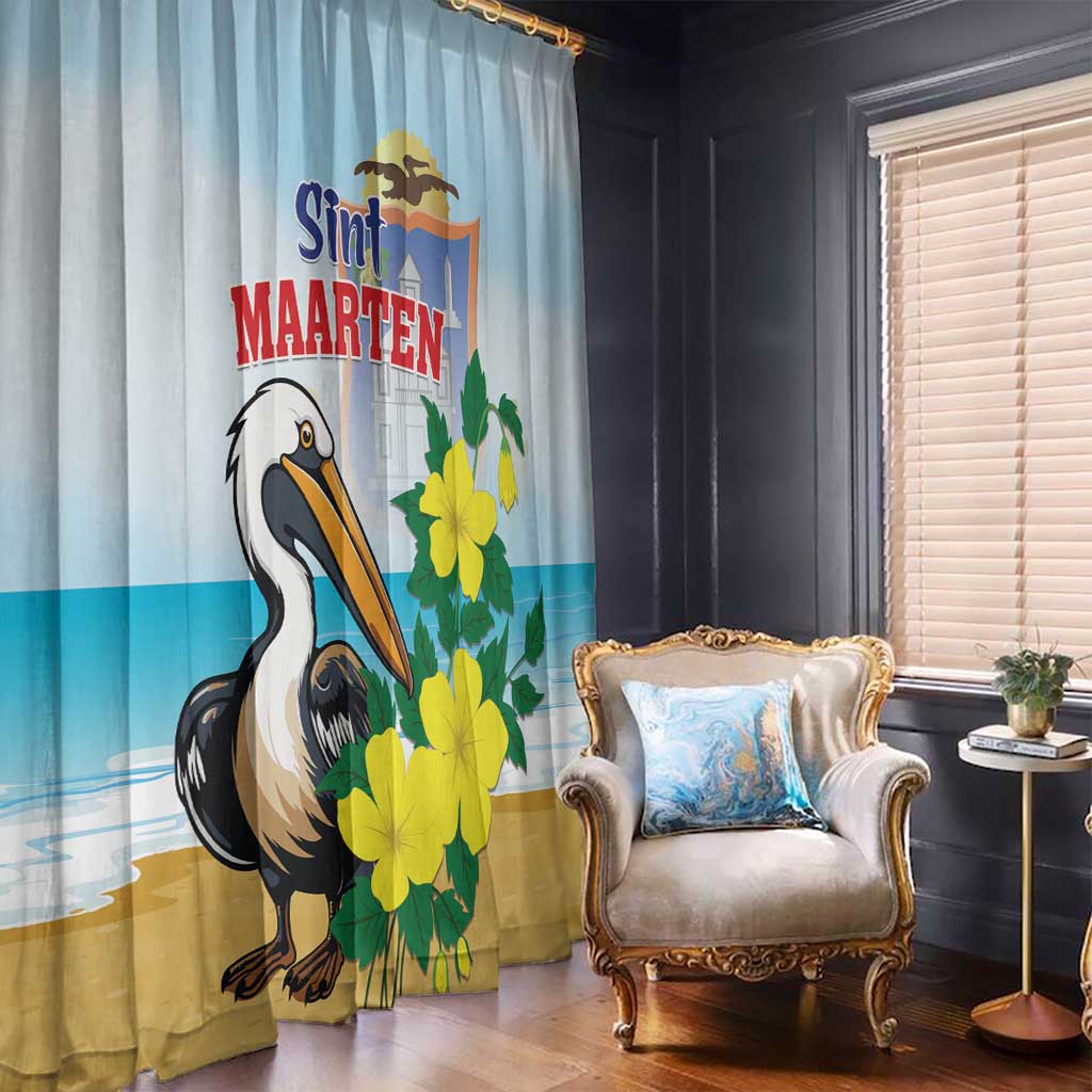 Light blue window curtain with pelican and yellow flower print, full height