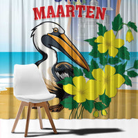 Close view of light blue curtain showing pelican and yellow flower graphic