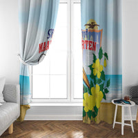 Light blue window curtain panel with pelican and yellow flower print, grommet-ready