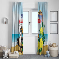 Light blue window curtain panel with pelican and yellow flower print, hanging loops