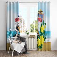 Light blue window curtain panels with pelican and yellow flower border at bottom