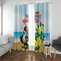 Light blue window curtain panels with pelican and large yellow flower design