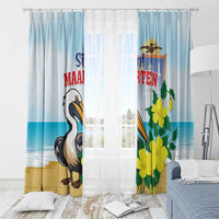 Light blue window curtains with pelican and yellow flowers, ready to hang