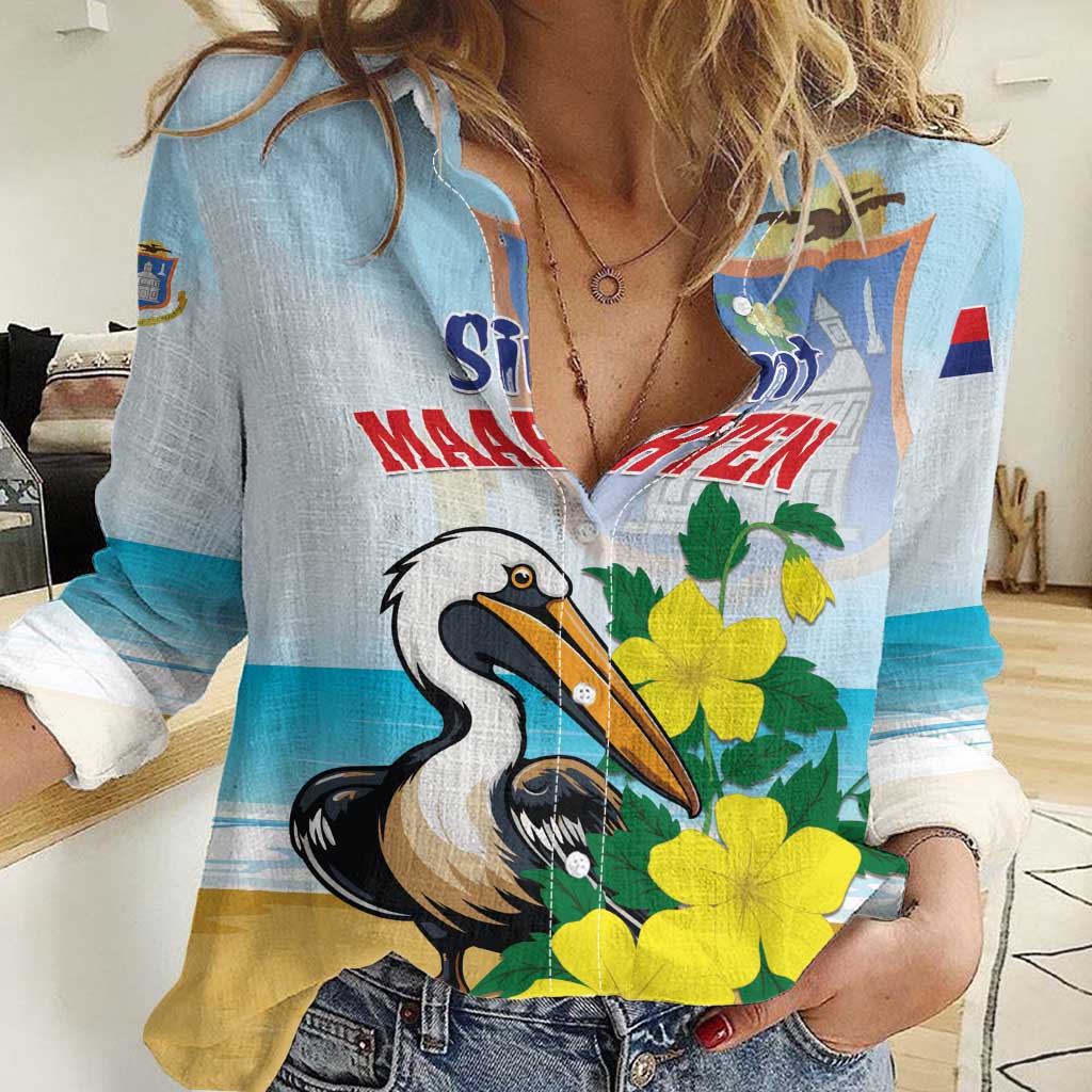 Personalized Sint Maarten Women Casual Shirt Brown Pelican With Yellow Sage