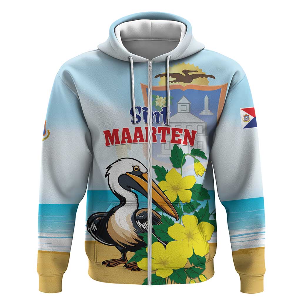 Personalized Sint Maarten Zip Hoodie Brown Pelican With Yellow Sage - Wonder Print Shop