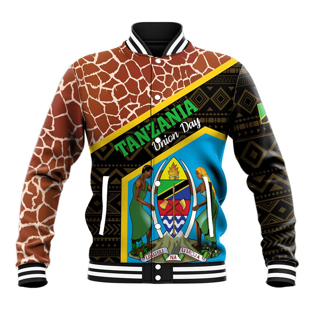 Baseball jacket with brown giraffe pattern, blue graphic panel, and striped rib collar