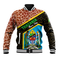 Baseball jacket with brown giraffe pattern, blue graphic panel, and striped rib collar
