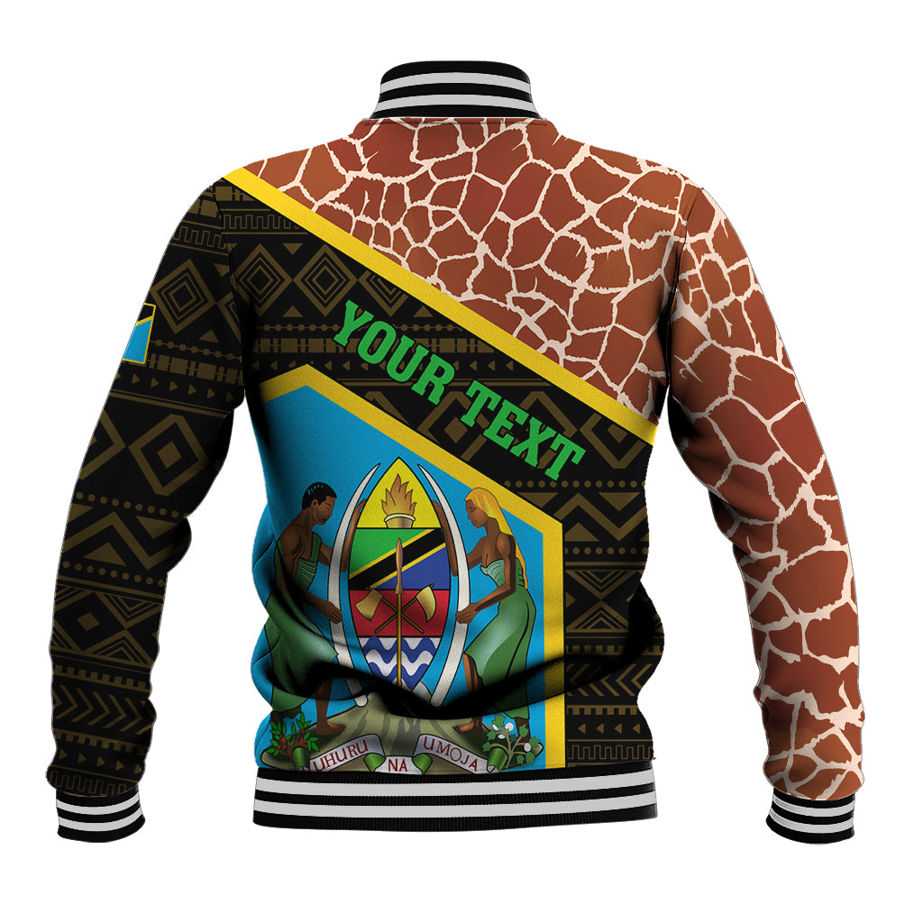 Baseball jacket back with brown giraffe pattern and blue emblem graphic with black trim