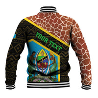 Baseball jacket back with brown giraffe pattern and blue emblem graphic with black trim