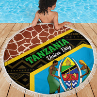 Round fringed beach blanket with Tanzania Union Day print and brown giraffe pattern