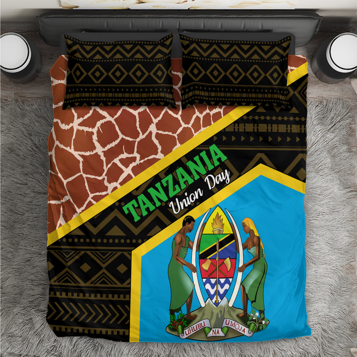 Tanzania-themed bedding set with black geometric pattern, giraffe print, blue panel, and yellow trim