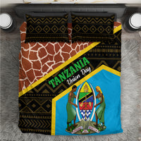 Tanzania-themed bedding set with black geometric pattern, giraffe print, blue panel, and yellow trim