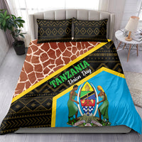 Bedding set featuring dark geometric stripes, brown giraffe pattern, blue graphic panel, yellow border