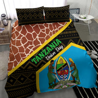 Duvet and pillow set with black tribal pattern, giraffe spots on brown, blue emblem panel, yellow band