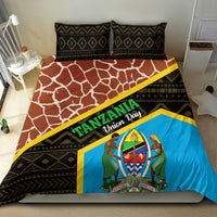 Coordinated bedding set with dark geometric design, giraffe print center, blue emblem section, yellow strip