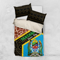 Bedding set with black geometric pillowcases and duvet: brown giraffe print, blue emblem, yellow trim