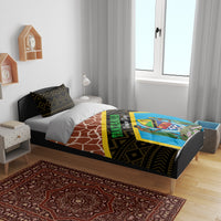Bedroom bedding set showing black geometric pattern, brown giraffe design, blue panel, yellow accent