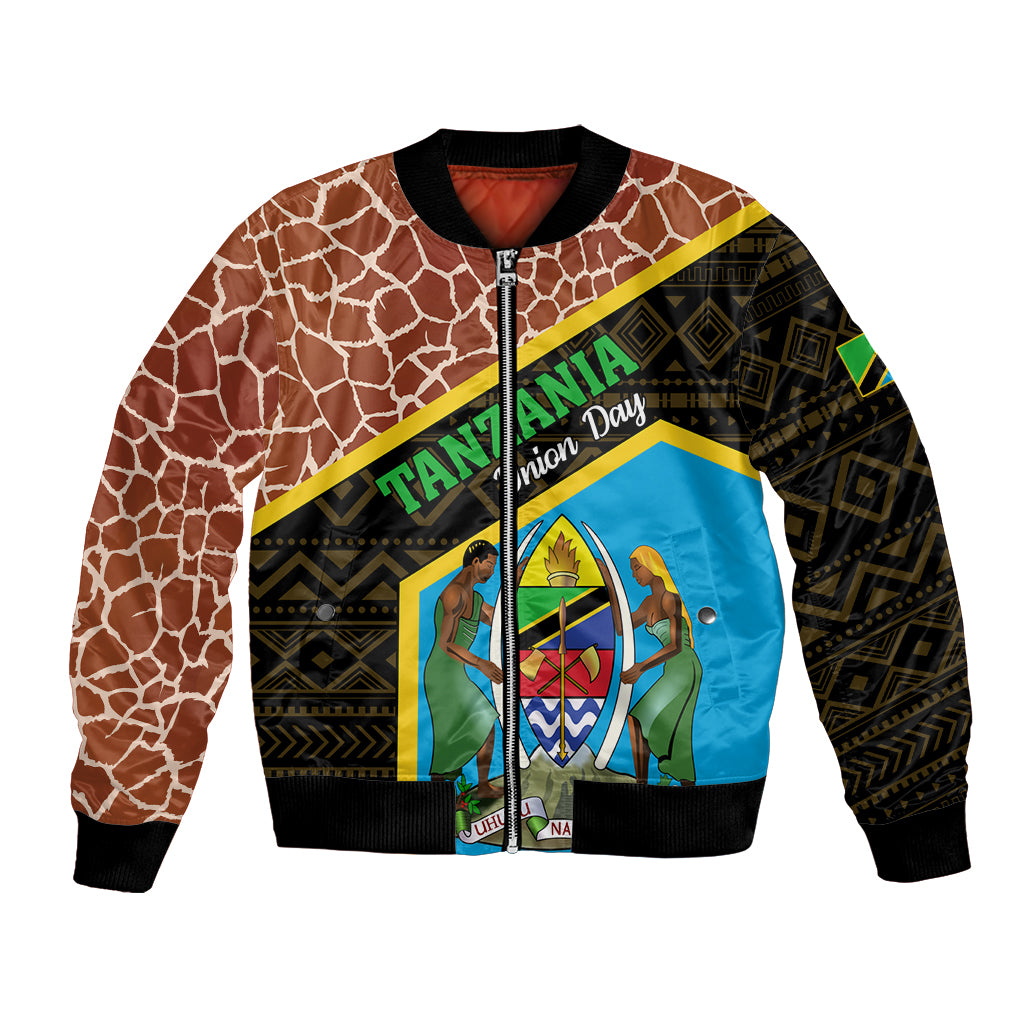 Unisex bomber jacket with giraffe print, blue center graphic, ribbed cuffs and hem