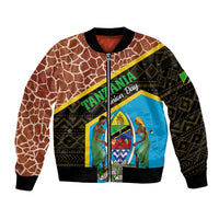Unisex bomber jacket with giraffe print, blue center graphic, ribbed cuffs and hem