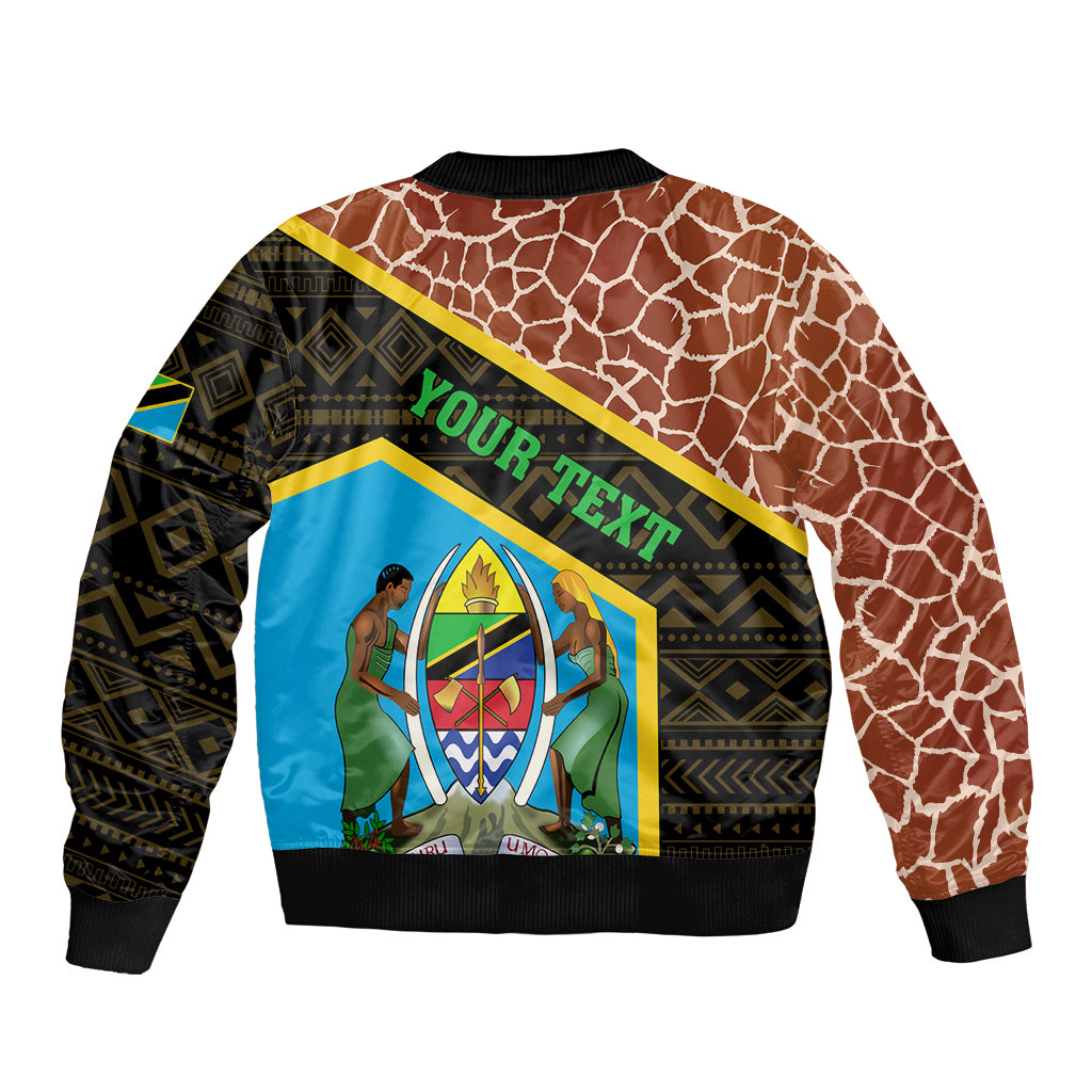 Unisex bomber jacket with giraffe print, blue shield graphic, 'YOUR TEXT' diagonal stripe