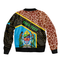 Unisex bomber jacket with giraffe print, blue shield graphic, 'YOUR TEXT' diagonal stripe