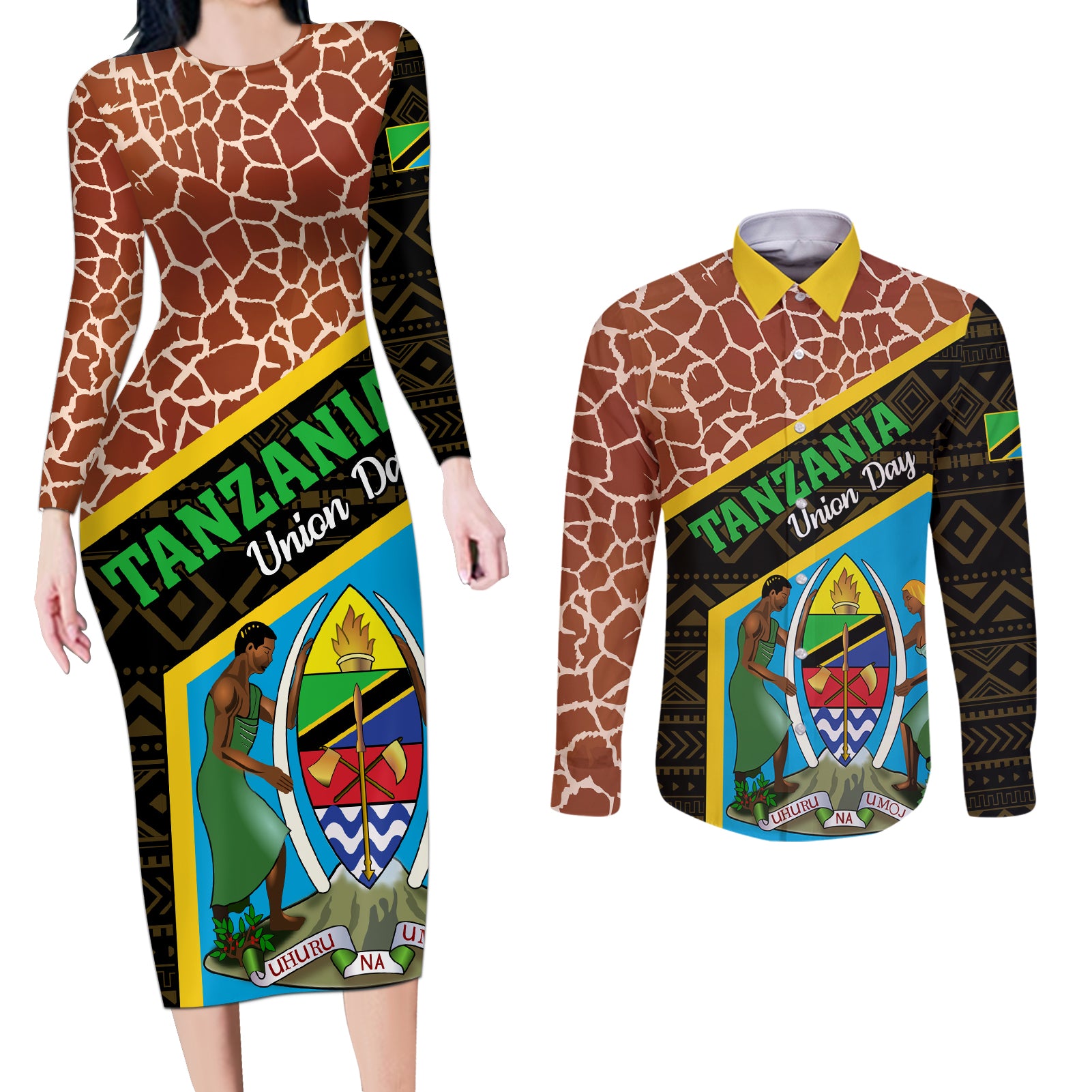 Tanzania Union Day 2024 Couples Matching Long Sleeve Bodycon Dress and Long Sleeve Button Shirt Uhuru na Umoja Giraffe Pattern - Wonder Print Shop