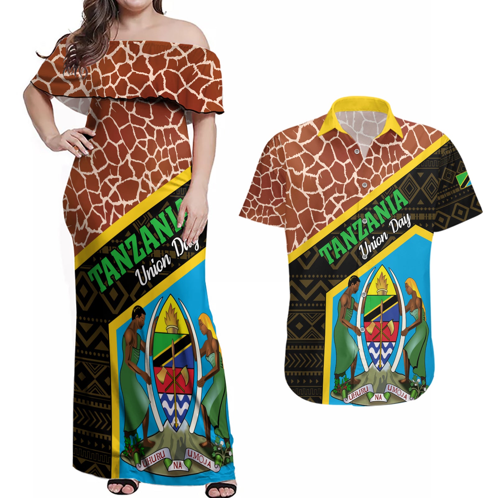 Tanzania Union Day 2024 Couples Matching Off Shoulder Maxi Dress and Hawaiian Shirt Uhuru na Umoja Giraffe Pattern - Wonder Print Shop