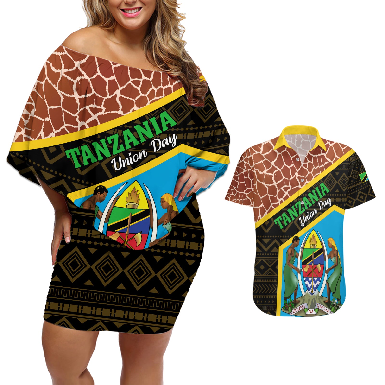 Tanzania Union Day 2024 Couples Matching Off Shoulder Short Dress and Hawaiian Shirt Uhuru na Umoja Giraffe Pattern - Wonder Print Shop