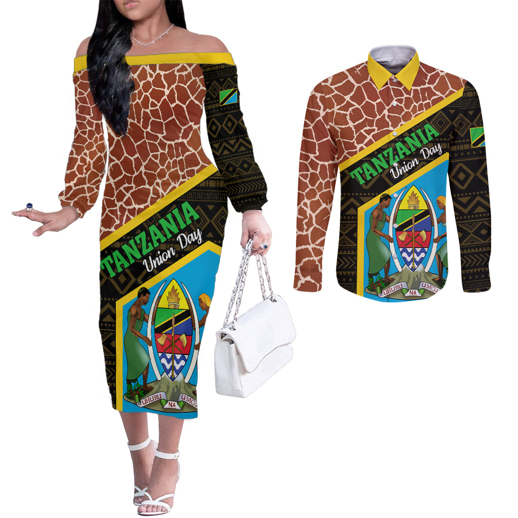 Tanzania Union Day 2024 Couples Matching Off The Shoulder Long Sleeve Dress and Long Sleeve Button Shirt Uhuru na Umoja Giraffe Pattern