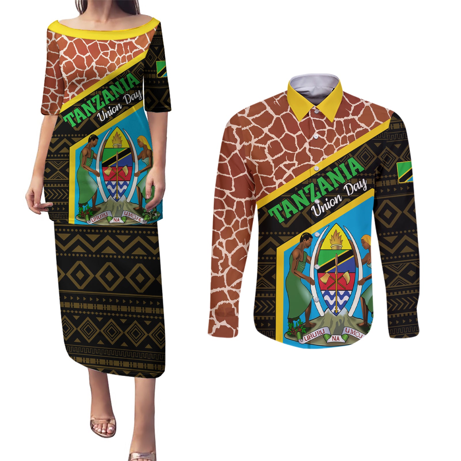 Tanzania Union Day 2024 Couples Matching Puletasi and Long Sleeve Button Shirt Uhuru na Umoja Giraffe Pattern - Wonder Print Shop