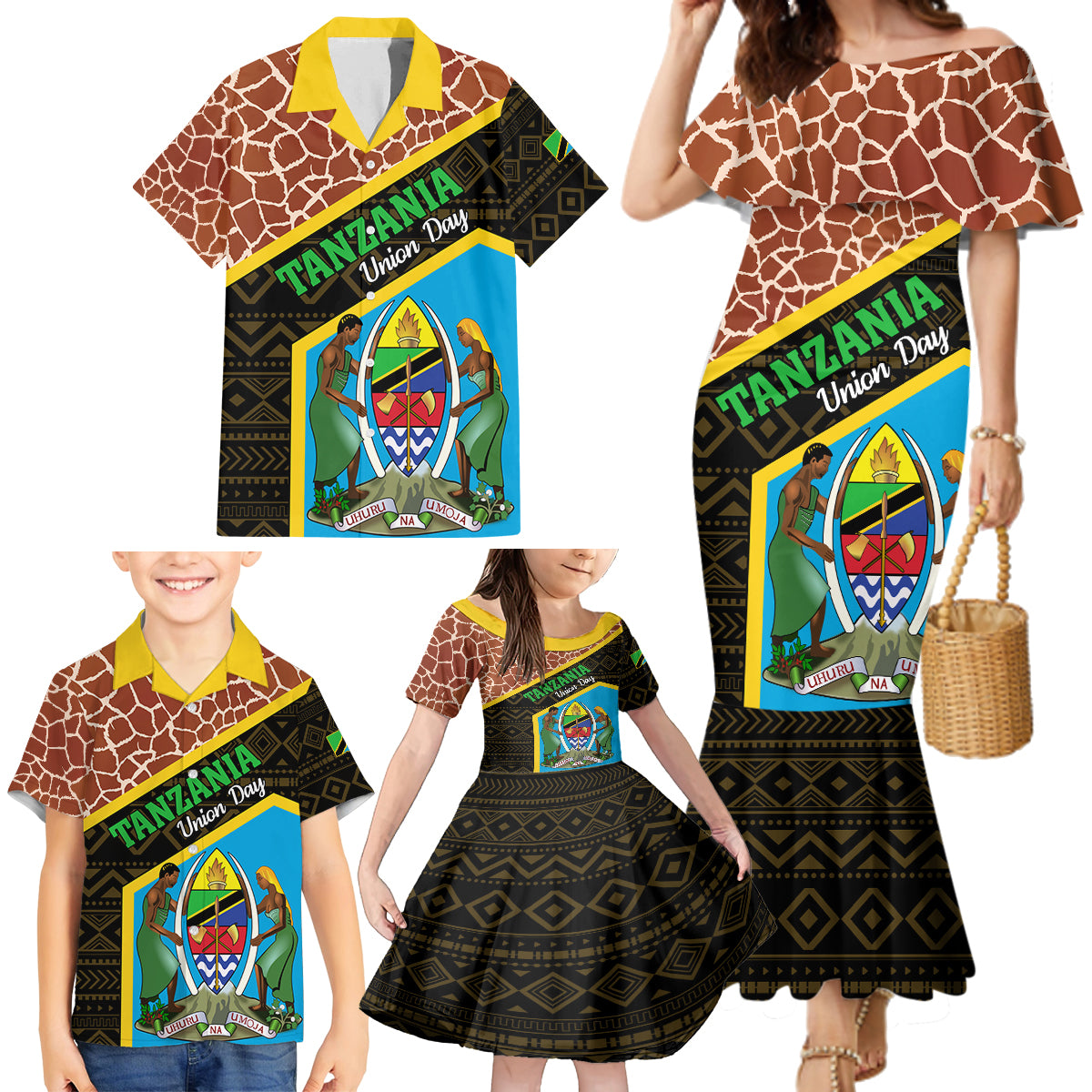 Tanzania Union Day 2024 Family Matching Mermaid Dress and Hawaiian Shirt Uhuru na Umoja Giraffe Pattern - Wonder Print Shop