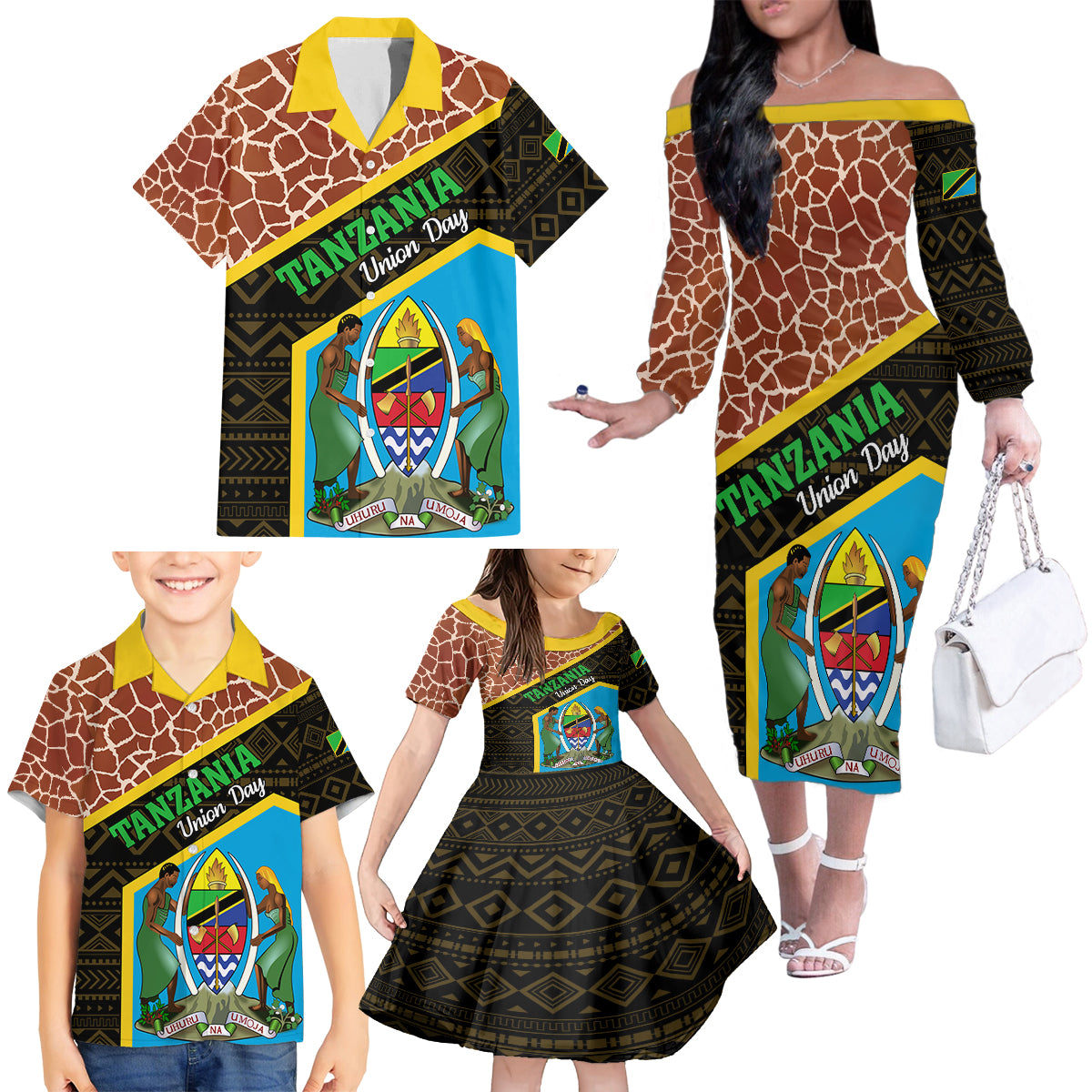 Tanzania Union Day 2024 Family Matching Off Shoulder Long Sleeve Dress and Hawaiian Shirt Uhuru na Umoja Giraffe Pattern - Wonder Print Shop