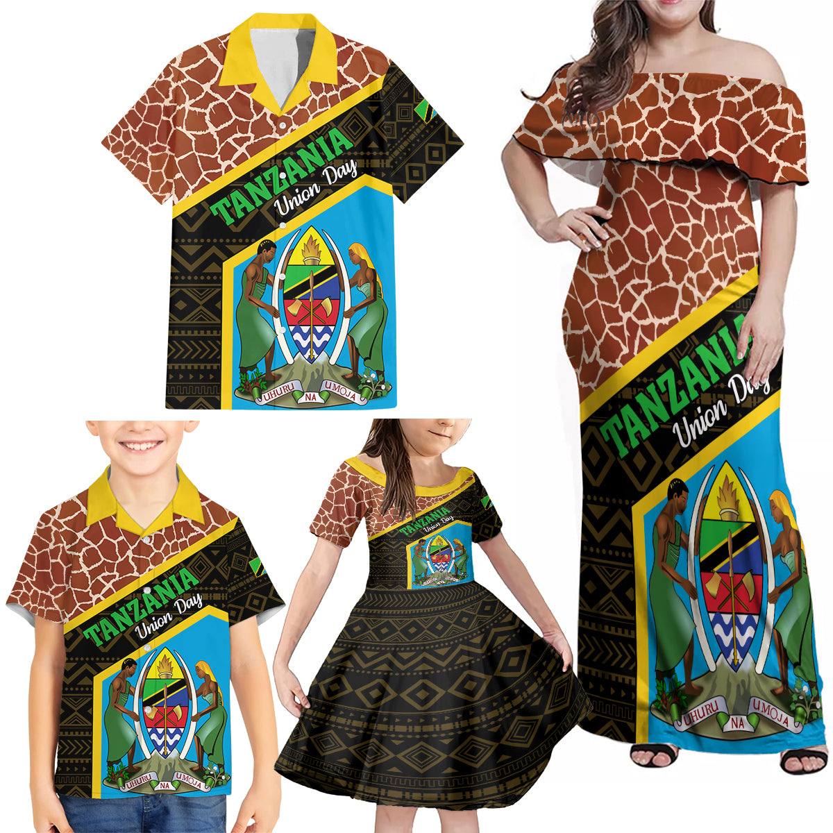 Tanzania Union Day 2024 Family Matching Off Shoulder Maxi Dress and Hawaiian Shirt Uhuru na Umoja Giraffe Pattern - Wonder Print Shop