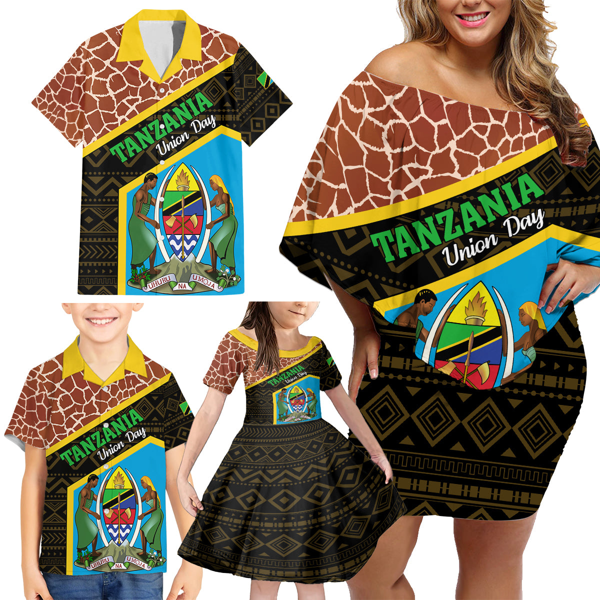 Tanzania Union Day 2024 Family Matching Off Shoulder Short Dress and Hawaiian Shirt Uhuru na Umoja Giraffe Pattern - Wonder Print Shop