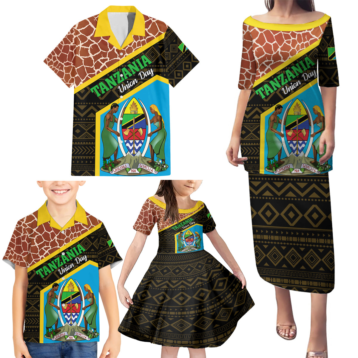 Tanzania Union Day 2024 Family Matching Puletasi and Hawaiian Shirt Uhuru na Umoja Giraffe Pattern - Wonder Print Shop