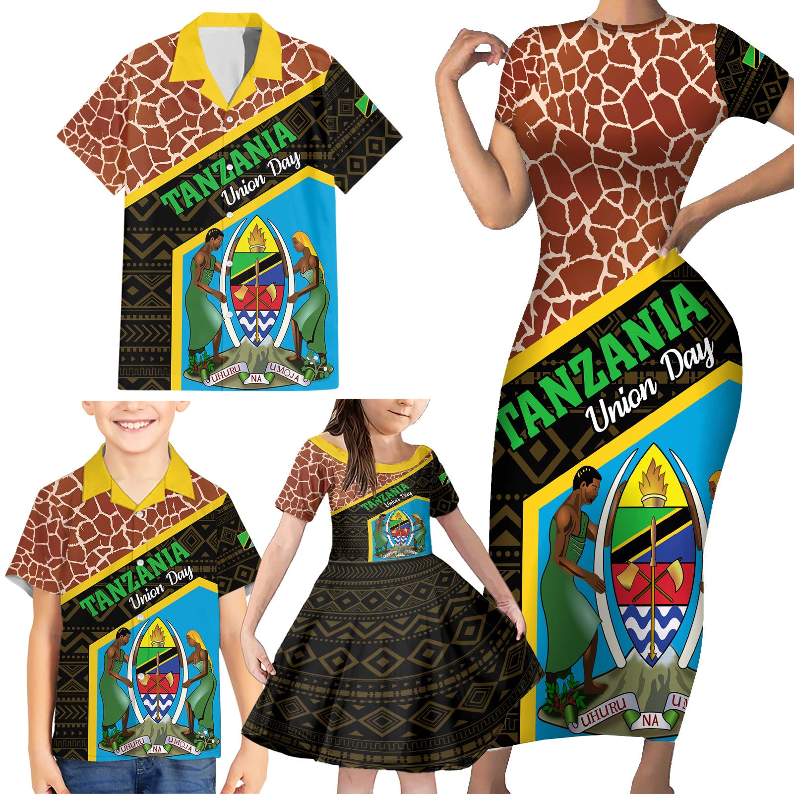 Tanzania Union Day 2024 Family Matching Short Sleeve Bodycon Dress and Hawaiian Shirt Uhuru na Umoja Giraffe Pattern - Wonder Print Shop