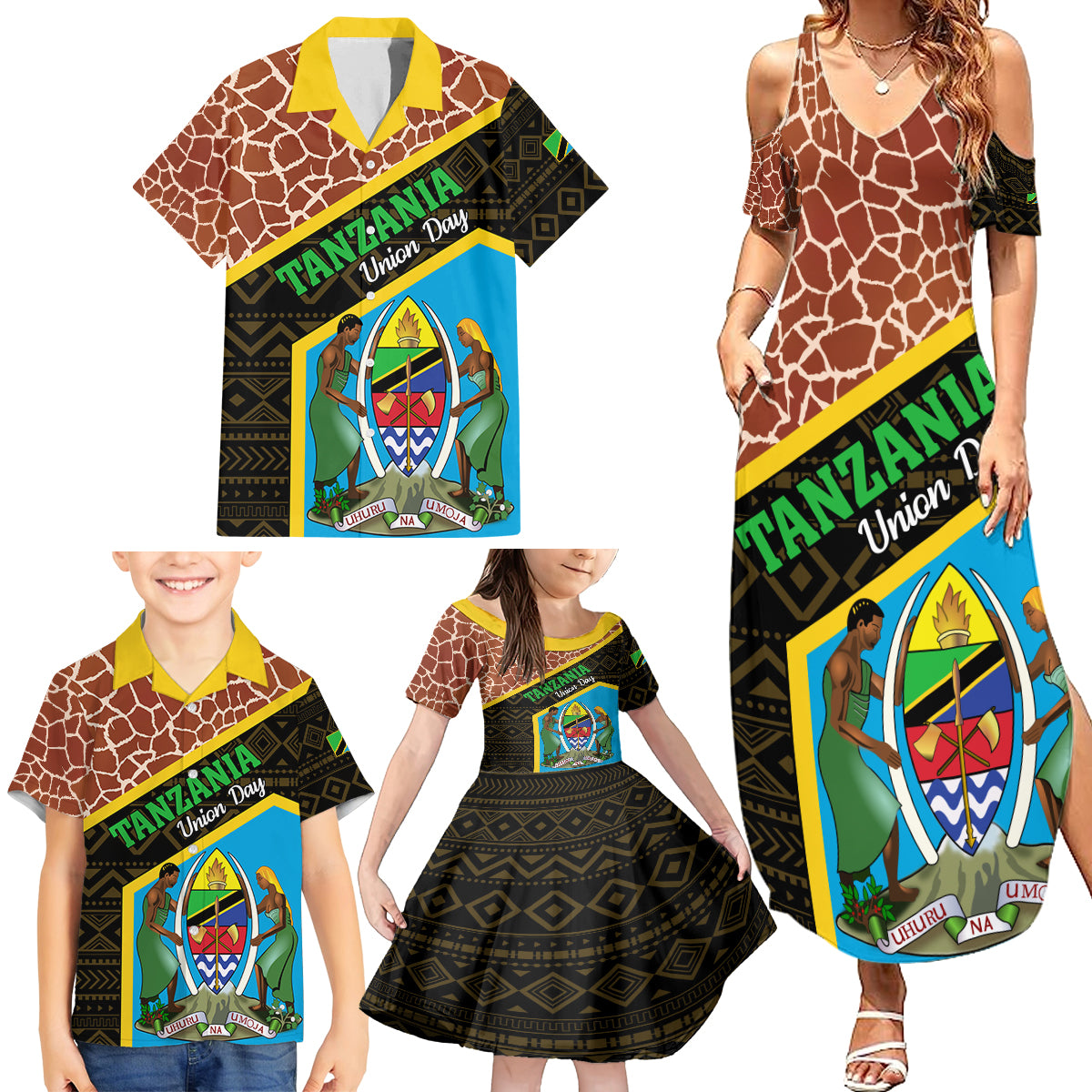 Tanzania Union Day 2024 Family Matching Summer Maxi Dress and Hawaiian Shirt Uhuru na Umoja Giraffe Pattern - Wonder Print Shop